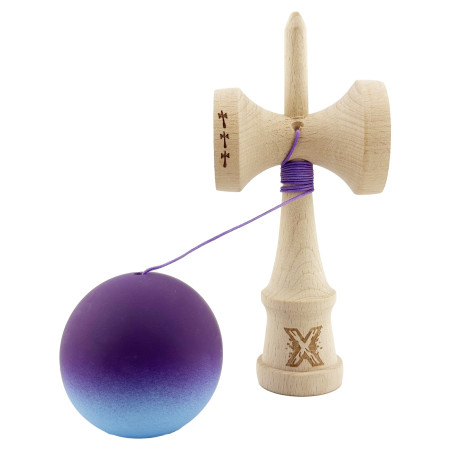 Kendama X Originala, Profesionala, Cyrax, Big Cups V2, Rubber Grip cu Cupe Mari, Rulment Metalic cu Ata 55 cm, Violet/Albastru