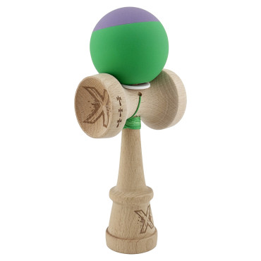 Kendama X Originala, Profesionala, Cyrax, Rubber Grip, Cupe Mari KING SIZE V3, Gaura in Baza, Rulment Metalic, din lemn 18 cm, Ata 62/65 cm, Bicolor Mov/Verde