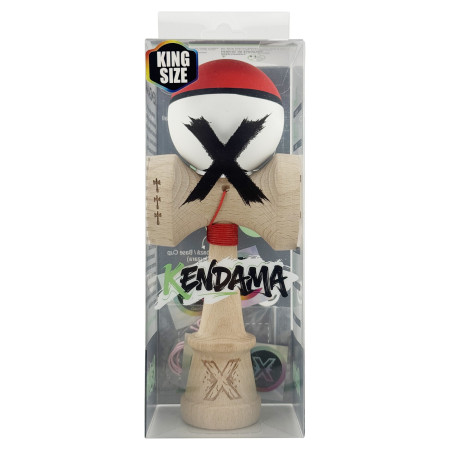 Kendama X Originala, Profesionala, Cyrax, Cupe Mari KING SIZE V3, Rubber Grip, Gaura in Baza, Rulment Metalic, din lemn 18 cm, Ata 62/65 cm, S Bicolor Rosu/Alb