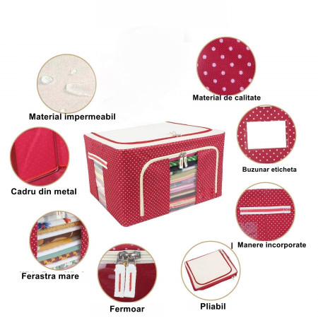 Cutie de Depozitare Pliabila,  cu Fermoar, 100 L, Textil, 60x42x40 cm, O Fereastra, Cadru Metalic, Suport Baza Stabil din Plastic, imprimeu punctat, Rosu