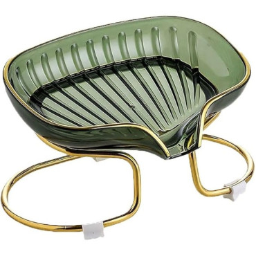 Savoniera cu Suport,  Sistem de Scurgere a Apei, Margine Aurie, 14 x 8.5 x 9 cm, din TPE, Verde
