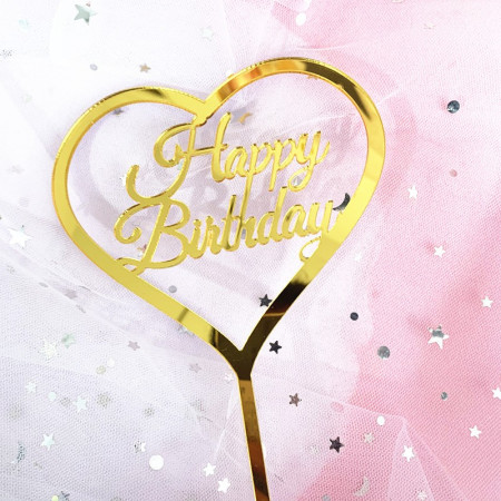 Decoratiune Topper pentru Tort, Cyrax, Model Inimioara Scris Happy Birthday, Tematica Aniversare, Auriu