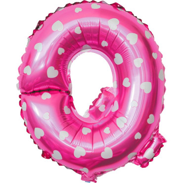 Balon Folie Metalizata Litera Q, Cyrax, 40 cm, Cu Imprimeu Inimioare, Umflati cu Heliu sau Aer, Ambalaj Individual, Pai inclus, Roz
