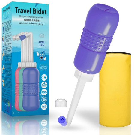 Bideu Portabil pentru Igiena Intima,  pentru Postpartum/ Postoperator, 450 mL, cu Capac si Husa Galbena, 29.5x7 cm, Culoare Recipient Mov