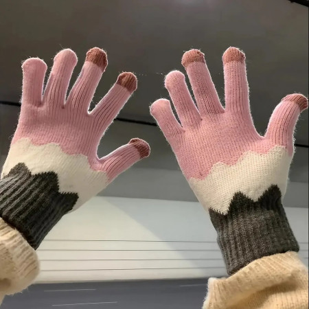 Manusi de Dama,  Model Ondulat, Functie Touchscreen (ecran tactil), Material Acril Tricotat, Manseta Elastica, Interior Catifelat, Marime Universala, Roz/Gri