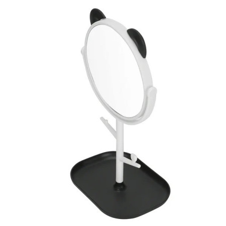 Oglina Cosmetica cu Picior, Cyrax, HD, Rotire 360 Grade, 15 cm Diametru, Suport Bijuterii Baza + Brate, Model cu Urechi, 30 x 16.5 x 15 cm, Alb/Negru