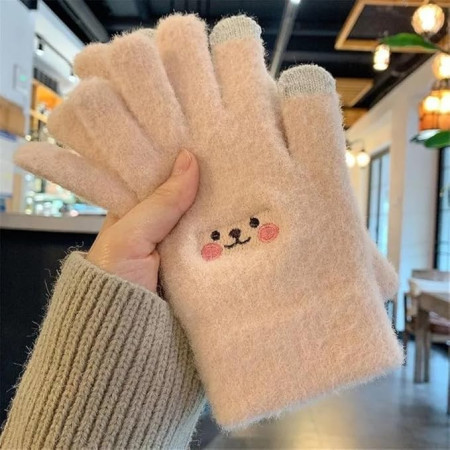 Manusi Dama,  Model Fata Zambitoare, Functie Touchscreen (ecran tactil), Material Lana Brodata, Manseta Elastica, Interior Pufos, Marime Universala, Bej