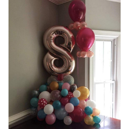 Balon din Folie Metalizata Cyrax, Figurina Cifra, Tema Aniversare 80 cm, Ambalaj Individual, Pai inclus, Umflare cu Aer sau Heliu, Rose Gold, Cifra 8