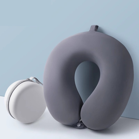 Perna de Calatorie in Forma de U,  Pentru Gat si Cap, Umplutura din Spuma cu Memorie, 30x30 cm, Sistem Prindere Capse, Cutie de Depozitare, Gri