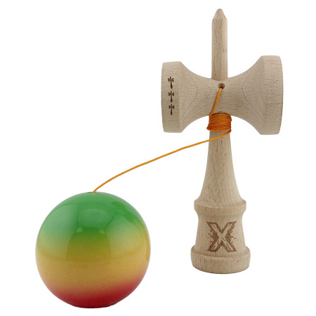 Kendama X Originala, Profesionala, Cyrax, Big Cups V2, Super Sticky Cupe Mari, Rulment Metalic cu Ata 55 cm, Verde/Galben/Rosu