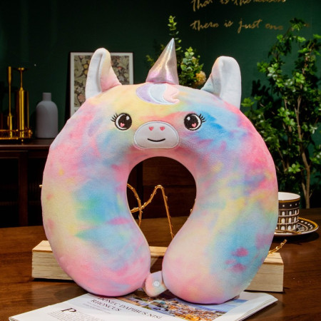 Perna de Calatorie in Forma de U,  Pentru Gat si Cap, Umplutura din Spuma cu Memorie, 30x30 cm, Model Unicorn, Accesoriu de Voiaj, Birou, Masina, Sistem Prindere Capse, Multicolor