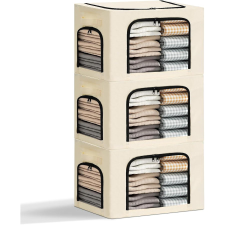 Cutie de Depozitare,  cu 3 Ferestre cu Fermoar Bidirectional, Cadru din Otel, Impermeabil, 38L, 42 x 30 x 30 cm, Bej