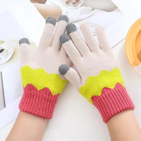 Manusi de Dama,  Model Ondulat, Functie Touchscreen (ecran tactil), Material Acril Tricotat, Manseta Elastica, Interior Catifelat, Marime Universala, Galben/Roz