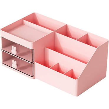 Cutie de Depozitare pentru Birou,  Pentru Makeup, Papetarie, Organizator Cosmetice, 2 Sertare si Compartimente Multiple, Model Iepuras, Plastic, 27.5x15.5x12 cm, Roz