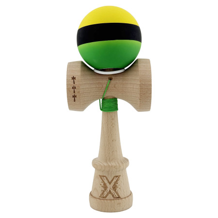 Kendama X Originala, Profesionala, Cyrax, Cupe Mari KING SIZE V3, Rubber Grip, Gaura in Baza, Rulment Metalic, din lemn 18 cm, Ata 62/65 cm, M Galben/Negru/Verde