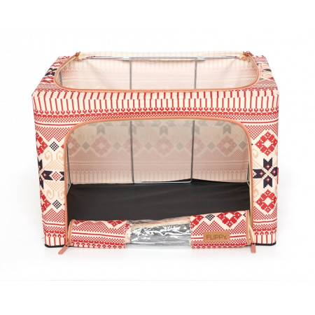 Cutie de Depozitare Pliabila,  66 L din Bumbac si In, 52 x 42 x 39 cm, Fereastra Frontala, 2 Usi de Acces cu Fermoar Bidirectional, Cadru Metalic, Suport Baza Stabil din Plastic, Motiv Traditional Model 5