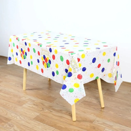 Fata de Masa, Cyrax, din PEVA, Imprimeu Happy Birthday cu Baloane, 137 x 274 cm, Impermeabila, Fara Pete, Curatare Rapida, Multicolor