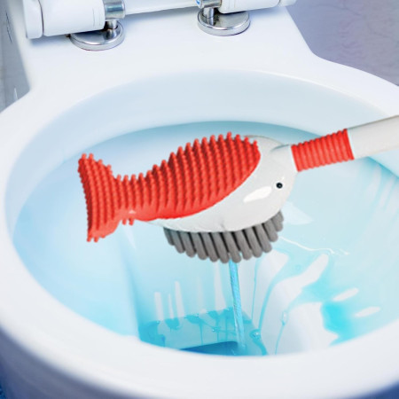 Perie de Toaleta,  cu Suport de Perete, Recipient Detergent, 2 Tipuri de Perii, Model Balena, Rosu