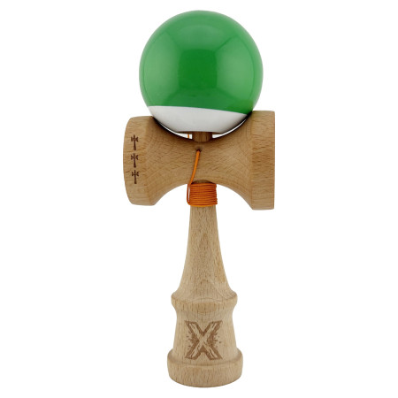 Kendama X Originala, Profesionala, Cyrax, Big Cups V2, Super Sticky cu Cupe Mari, din lemn 18 cm, Rulment Metalic cu Ata 55 cm, Verde/Alb