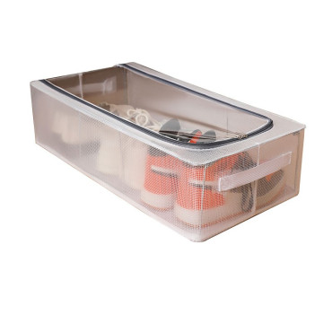 Cutie de Depozitare,  pentru Pantofi Haine, din Plasa PVC Impermeabila si Cadru de Otel, Pliabila, Fermoar Bidirectional, 60 x 30 x 15 cm, Transparenta