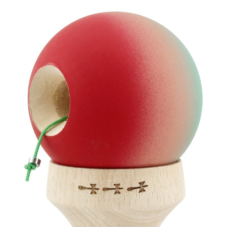 Kendama X Originala, Profesionala, Cyrax, Cupe Mari KING SIZE V3, Rubber Grip, Gaura in Baza, Rulment Metalic, din lemn 18 cm, Ata 62/65 cm, Gradient Verde/Roz/Rosu