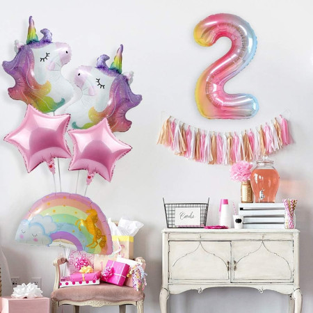 Balon din Folie Metalizata Gradient Cyrax, Figurina Cifra, Tema Aniversare 100 cm, Ambalaj Individual, Pai inclus, Umflare cu Aer sau Heliu, Multicolor, Cifra 2