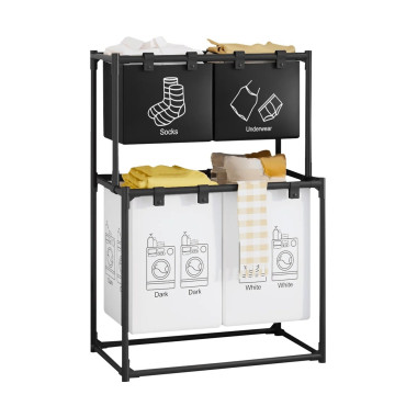 Cos de Rufe,  cu 2 Etaje, 4 Cosuri, Cadru de Otel Inoxidabil, 97x44x57 cm, Negru