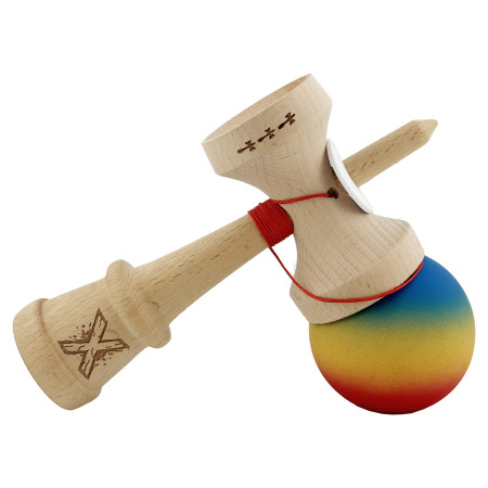Kendama X Originala, Profesionala, Cyrax, Cupe Mari KING SIZE V3, Rubber Grip, Gaura in Baza, Rulment Metalic, din lemn 18 cm, Ata 62/65 cm, Gradient Albastru/Galben/Rosu