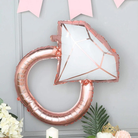 Balon din Folie Metalizata, Cyrax, Figurina Inel de Logodna, Model Diamant, Tema Nunta, 60 cm, Ambalaj Individual, Pai Inclus, Umflare cu Aer sau Heliu, Roz