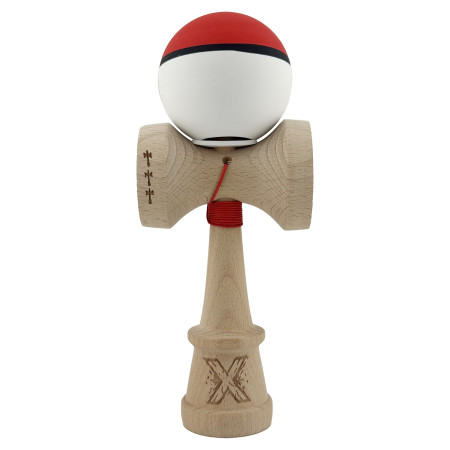 Kendama X Originala, Profesionala, Cyrax, Cupe Mari KING SIZE V3, Rubber Grip, Gaura in Baza, Rulment Metalic, din lemn 18 cm, Ata 62/65 cm, S Bicolor Rosu/Alb