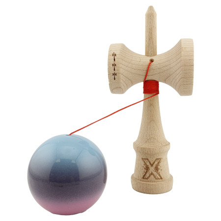 Kendama X Originala, Profesionala, Cyrax, Big Cups V2, Super Sticky Cupe Mari, Rulment Metalic cu Ata 55 cm, Albastru Deschis/Mov/Roz