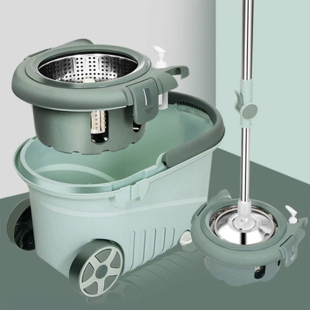 Set mop rotativ cu galeata  material plastic si microfibra, o rezerva inclusa, rezistent, cu dop scurgere, vas detasabil, orificiu pentru solutie, pentru interior, capacitate 8 l, verde