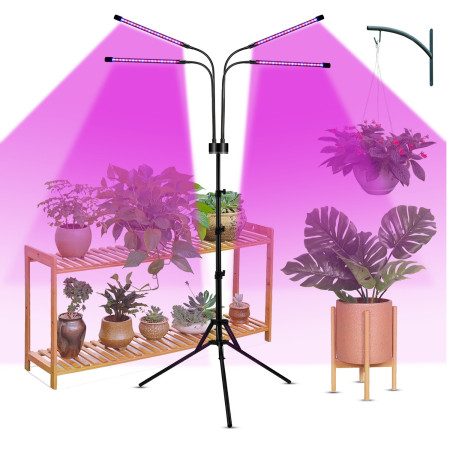 Lampa UV pentru cresterea plantelor,  4 capete, putere 30W, 108 LED-uri Lampa cu lumina Ultra-Violet, Lampa cu Picior Ajustabil pana la 2 m, Lumina UV Mov