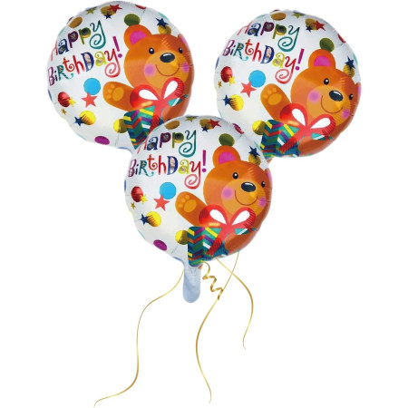 Balon din Folie Metalizata, Cyrax, Mini Figurina Rotunda, Model Happy Birthday Ursulet, Tema Aniversare, 45 cm, Ambalaj Individual, Pai inclus, Umflare cu Aer sau Heliu, Maro