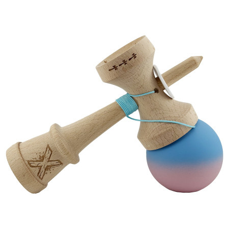 Kendama X Originala, Profesionala, Cyrax, Rubber Grip, Cupe Mari KING SIZE V3, Gaura in Baza, Rulment Metalic, din lemn 18 cm, Ata 62/65 cm, Gradient Albastru/Roz