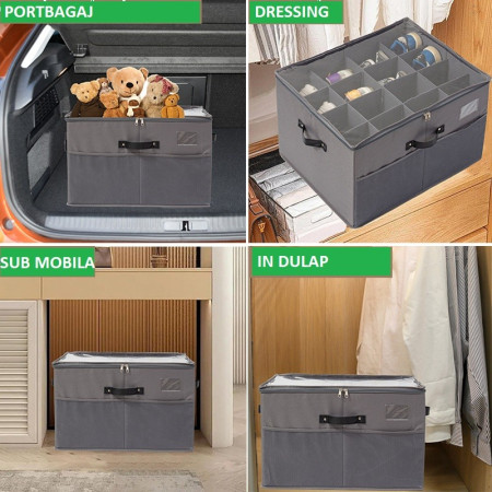 Cutie de Depozitare pentru Pantofi,  53x42x33 cm, cu Capac Transparent si Fermoar, din Panza Oxford, Pliabila, Gri