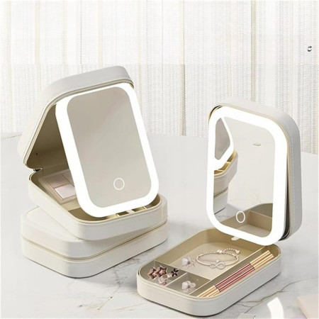 Portfard, Cyrax, Geanta Cosmetice, cu Oglinda LED, 3 Moduri de Lumina, Incarcare USB, Baterie 1200 mAh, pentru Organizarea Cosmeticelor, 4 Compartimente, Imitatie Piele, Alb, 16.5x11.5x6 cm