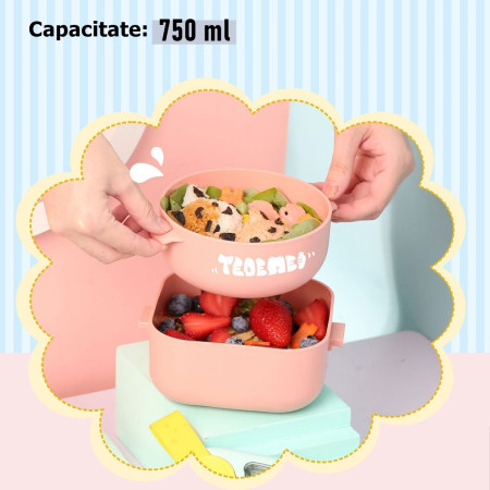 Caserola pentru copii Cyrax, lunch box, 750 ml, doua boluri, lingura, foarfeca din plastic, rezistenta la scurgeri, Roz