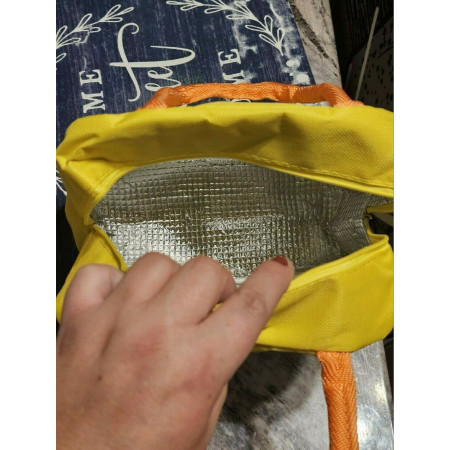 Geanta Termoizolanta pentru Copii, Cyrax, 23x13x19 cm, Model Imprimeu Dinozaur, din Folie de Aluminiu si Panza Oxford, Albastru/Galben