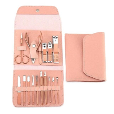 Set 16 Piese de Ingrijire Cosmetica, Cyrax, pentru Manichiura, Pedichiura, Fata, Geanta Organizatoare din Piele Ecologica Inclusa, Roz