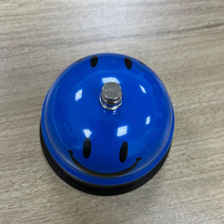 Clopotel Metalic Multifunctional, Cyrax, Albastru cu Imprimeu Smiley Face, 7.5x7.5x6.5 cm, Receptie, Restaurant, Cafenele