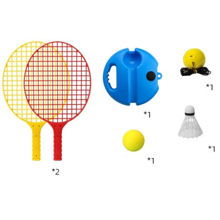 Set Badminton pentru Copii, Cyrax, Doua Palete, Fluturas, 2 Mingi, Minge cu Elastic pentru Antrenament, Suport de Prindere Stabil, 40.5x23 cm, Rosu Galben