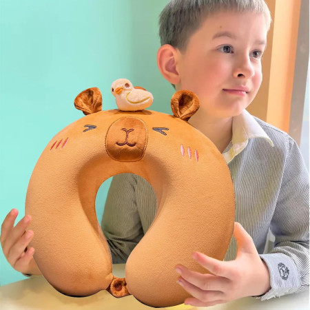 Perna de Calatorie in Forma de U,  Pentru Gat si Cap, Umplutura din Spuma cu Memorie, 30x30 cm, Model Capybara, Accesoriu de Voiaj, Birou, Masina, Sistem Prindere Capse, Maro