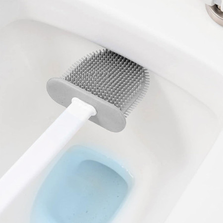 Set 3 Perii pentru Toaleta,  din Silicon, Perie Zimtata, Cap Flexibil, Suport Adeziv pentru Montarea pe Perete, 39 x 19 x 9.8 cm, Gri/Alb