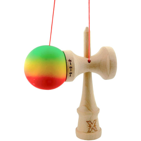Kendama X Originala, Profesionala, Cyrax, Big Cups V2, Rubber Grip cu Cupe Mari, Rulment Metalic cu Ata 55 cm, Verde/Galben/Rosu