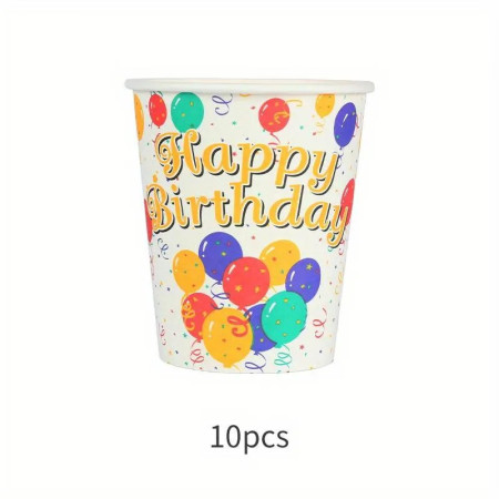 Pahare Cartonate pentru Petreceri, Cyrax, Set 10 Pahare Cartonate pentru Zile de Nastere si Aniversari, Model HAPPY BIRTHDAY, 230 ml, 8.6 x 7.5 cm, Multicolor