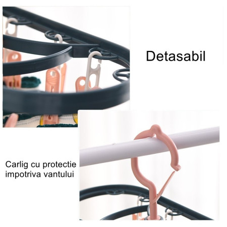 Uscator de Rufe Suspendat  cu 12 Carlige, Rotire 360 Grade, Protectie Vant, Mateiral Plastic, Usor de Depozitat, Multifunctional, 30 x 12.5 cm, Albastru/Roz
