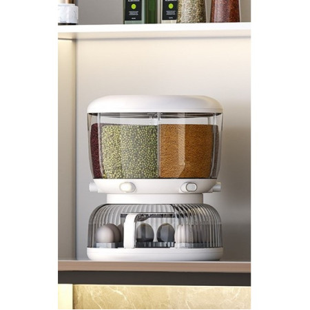 Dozator etajat de cereale Cyrax, rotativ 360, 6 compartimente, capacitate 10L, cofrag special pentru oua, vas pentru scurgerea cerealelor, 35x27.5 cm, alb