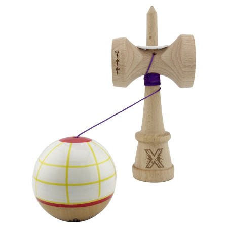 Kendama X Originala, Profesionala, Cyrax, Legendary Glob, Cupe Mari KING SIZE V3, Super Sticky, Gaura in Baza, Rulment Metalic, din lemn 18 cm, Ata 55 cm, Alb/Galben/Rosu