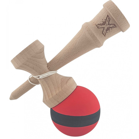Kendama X Originala, Profesionala, Cyrax, din Lemn, Rubber Grip, 18 cm, Rosu/Negru